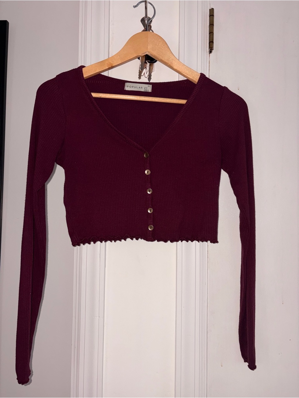 Popular 21 Ribbed V-Neck Button Crop Top - Burgundy